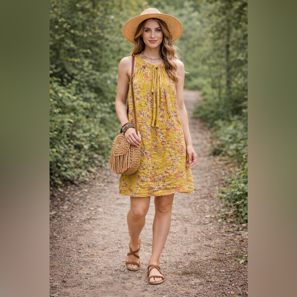 Belle Amie’s Italy Yellow Floral Linen Dress Size S Sleeveless Boho Shift